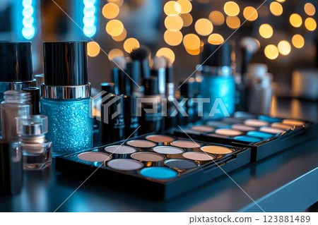 A collection of high-end beauty products with shimmering blue and neutral tones, set against a dreamy bokeh background A collection of high-end beauty products with shimmering blue and neutral tones, set against a dreamy bokeh background 123881489