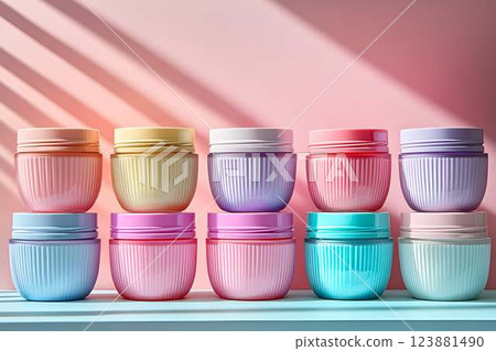 A set of pastel-colored cosmetic cream jars in a soft, warm light, creating a modern and aesthetic beauty composition A set of pastel-colored cosmetic cream jars in a soft, warm light, creating a modern and aesthetic beauty composition 123881490