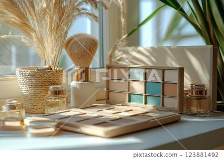 Sunlit makeup arrangement with soft neutral and pastel shades, creating a fresh and natural beauty aesthetic 123881492