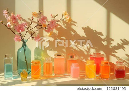 A selection of colorful skincare and perfume bottles arranged under warm sunlight with delicate floral shadows 123881493