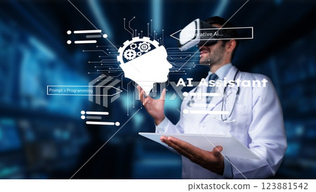 Innovative AI Assistant Concept in Modern Technology with Virtual Reality Glasses and Medical Professional in Futuristic Environment. PHMT Innovative AI Assistant Concept in Modern Technology with Virtual Reality Glasses and Medical Professional in Futuristic Environment. PHMT 123881542