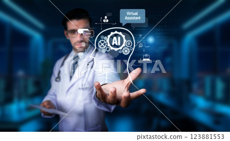 Doctor Holding Virtual Assistant Concept, Highlighting AI Technology in Modern Healthcare Innovations and Digital Transformation in Medical Practices. PHMT Doctor Holding Virtual Assistant Concept, Highlighting AI Technology in Modern Healthcare Innovations and Digital Transformation in Medical Practices. PHMT 123881553