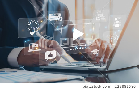 Business Professional Creating Innovative Online Video Content Using Artificial Intelligence for Marketing and Prompt Engineering Techniques XDMCP 123881586