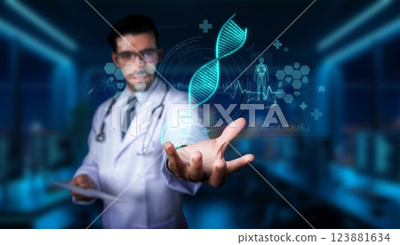 Doctor with futuristic holographic interface depicting DNA strand and health data in a modern laboratory setting with blue tones.. PHMT 123881634