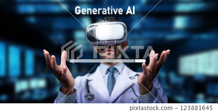 Medical Professional Engaging with Generative AI Technology While Using Virtual Reality Headset in Futuristic Digital Environment. PHMT 123881645