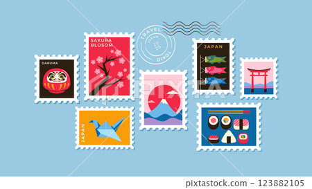 Japanese Travel Stamp Collection. Vector Illustration of Cultural Icons and Landmarks 123882105