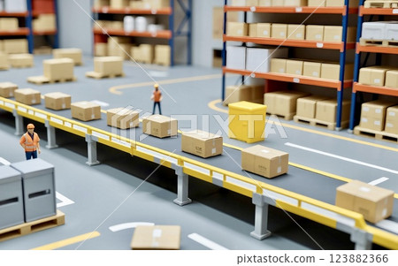 Miniature logistics warehouse | Automatic sorting system and work scene 123882366