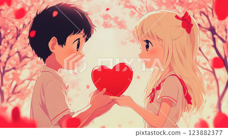 Anime couple in love. A girl and a boy holding a big red heart in their hands. Red gift box for Valentines Day 14 February. Fall in love in first time This is AI-generated item 123882377