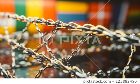 Borders between countries conceptualized using elements depicting prohibition (stop sign, ropes, metal bars). Mixed media collage. Political wars. This is AI-generated item 123882450