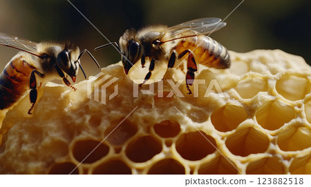 Bees and cocoons with pollen in honeycombs, beekeeping concept Bees and cocoons with pollen in honeycombs, beekeeping concept 123882518