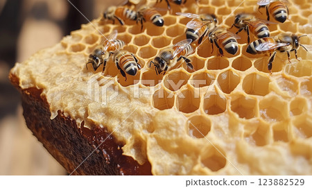 Bees and cocoons with pollen in honeycombs, beekeeping concept Bees and cocoons with pollen in honeycombs, beekeeping concept 123882529