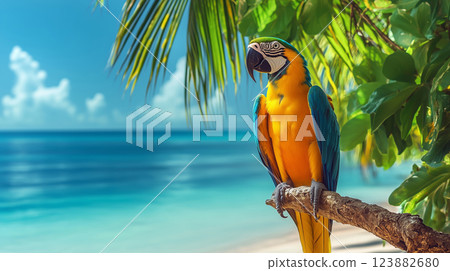 Blue and yellow macaw parrot on a beach tree branch 123882680