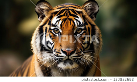 An intense close-up of a tiger's face, showcasing its powerful features 123882698