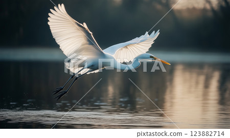 White egret flying gracefully over calm water at sunset 123882714