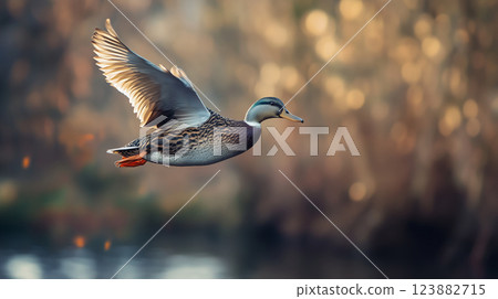 Flying duck over water in sunset light 123882715