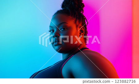 Portrait of beautiful overweight fitness young woman on studio background 123882716