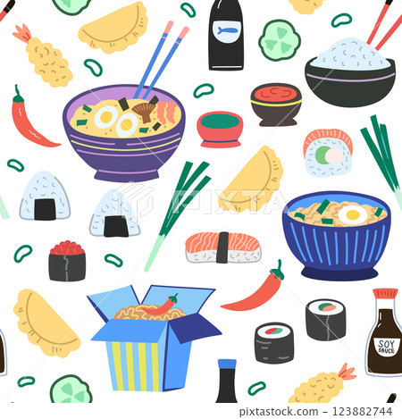 Seamless pattern with asian food, traditional Japanese and Chinese meals. Noodles, ramen, sushi and sauces. Hand-drawn colorful  illustration. 123882744