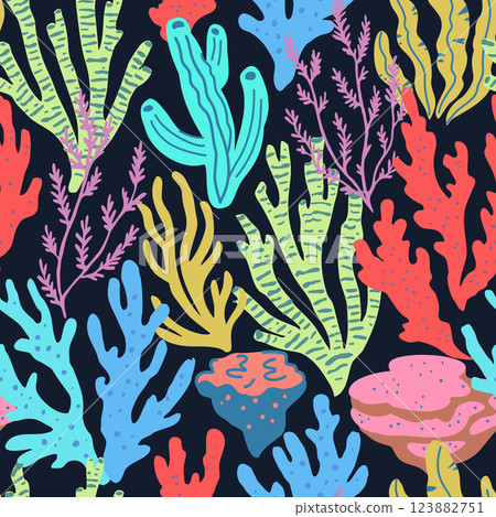 Seamless pattern with colorful sea elements, corals, seaweeds, shells and sea stars.  123882751