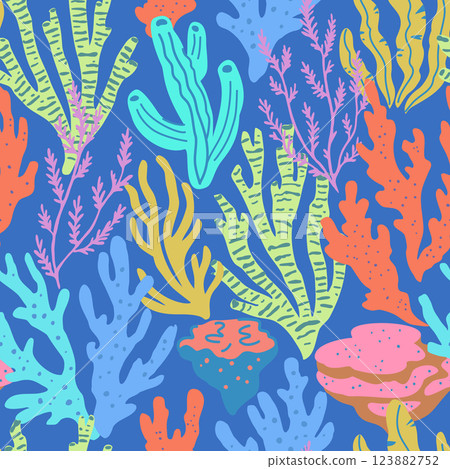 Seamless pattern with colorful sea elements, corals, seaweeds, shells and sea stars. Seamless pattern with colorful sea elements, corals, seaweeds, shells and sea stars. 123882752