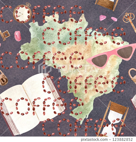A map of Brazil with a word coffee across, sun glasses, pocket watch watercolor seamless pattern on dark grey background. Hand drawn art great for packages, cards, cafe menu, ads, labels and logo A map of Brazil with a word coffee across, sun glasses, pocket watch watercolor seamless pattern on dark grey background. Hand drawn art great for packages, cards, cafe menu, ads, labels and logo 123882852