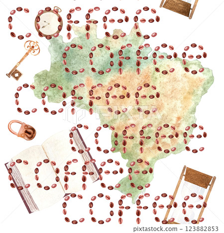 A map of Brazil with a word coffee written across, an open book, hourglass, key vertical watercolor pattern isolated on white background. Hand drawn art great for packages, cafe menu, ads, wall decor 123882853