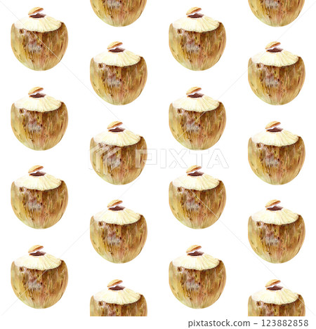 Fresh coconut water watercolor seamless pattern isolated on white. The hand-painted art is perfect for wrapping paper, prints, packaging, menu, coconut water, milk, refreshment, room decor 123882858