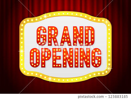 Grand Opening invitation with red curtains. Banner for opening ceremony. Vector illustration. Grand Opening invitation with red curtains. Banner for opening ceremony. Vector illustration. 123883185