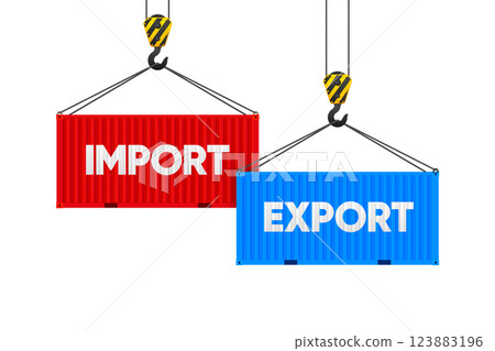Two cargo containers with import and export. Port crane lift two cargo containers. Transport logistic. Vector illustration. Two cargo containers with import and export. Port crane lift two cargo containers. Transport logistic. Vector illustration. 123883196