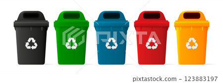 Trash in garbage cans. Recycling garbage separation collection. Recycling concept. Vector illustration. Trash in garbage cans. Recycling garbage separation collection. Recycling concept. Vector illustration. 123883197