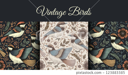 Seamless Vintage Bird Pattern Set With Hand-Drawn Floral Elements In Elegant Vector Illustration 123883385