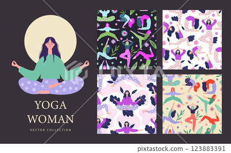 Yoga Pose Woman Meditate Vector Set Collection Seamless Pattern. Meditation Stretching Fitness Background Wallpaper Yoga Pose Woman Meditate Vector Set Collection Seamless Pattern. Meditation Stretching Fitness Background Wallpaper 123883391