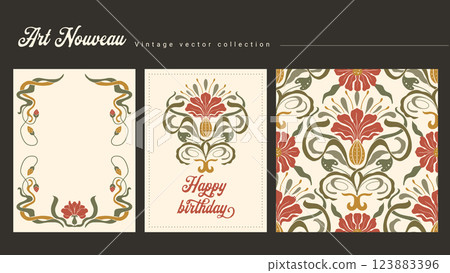 Floral Art Nouveau Frame Folk Seamless Vintage Pattern and Greeting Birthday Card Ornate Motif Vector Set 123883396