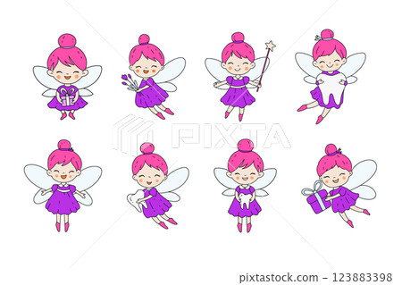 Adorable Tooth Fairy Clipart Set With Purple Dress And Pink Hair In Cute Vector Illustration Adorable Tooth Fairy Clipart Set With Purple Dress And Pink Hair In Cute Vector Illustration 123883398