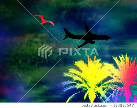 Airplane and bird silhouette flying in the dark blue sky. Landing at an airport in a tropical resort in the South. A plane in the air and palm trees. Airplane and bird silhouette flying in the dark blue sky. Landing at an airport in a tropical resort in the South. A plane in the air and palm trees. 123883547