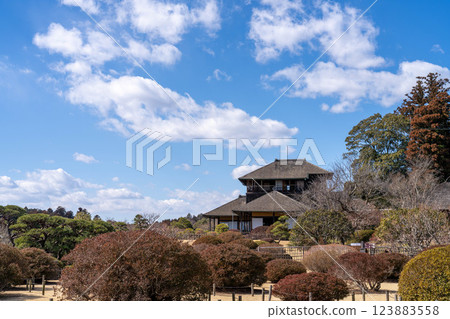 藍天下的傳統日本建築和美麗的日本花園 123883558