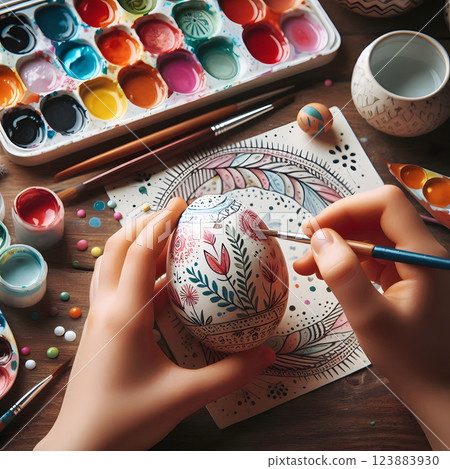 Hands meticulously painting a detailed floral design on an Easter egg, surrounded by vibrant art supplies 123883930