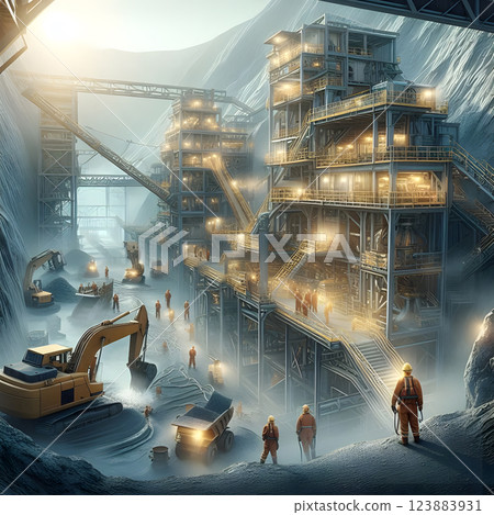 Industrial complex nestled in a rocky chasm, with workers, machinery, and illuminated structures 123883931