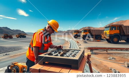 Worker examining samples at a mining site with trucks and a vast landscape 123883935
