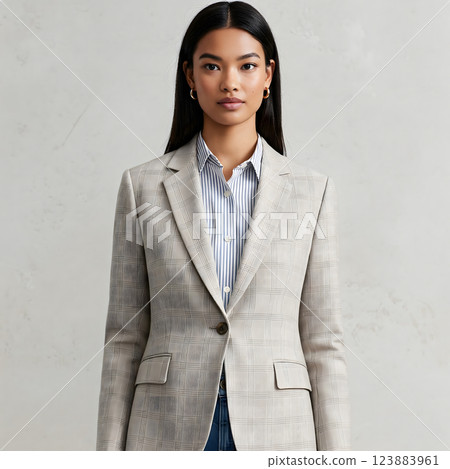 A woman in a patterned blazer and striped shirt poses against a textured light background 123883961