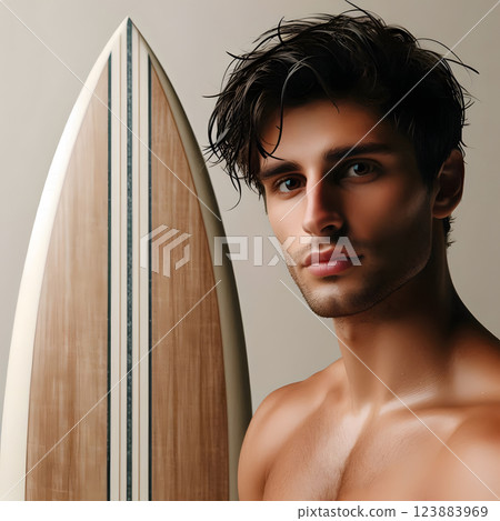 Portrait of a man with wooden surfboard neutral studio backdrop 123883969