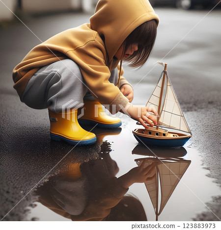 A child in a yellow hoodie plays with a toy sailboat in a puddle, reflecting a moment of innocent joy 123883973