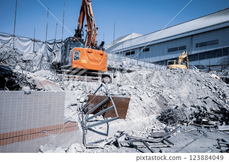 建築拆除現場 重型機械在廢墟中工作 a-6 冷色調 建築拆除現場 重型機械在廢墟中工作 a-6 冷色調 123884049