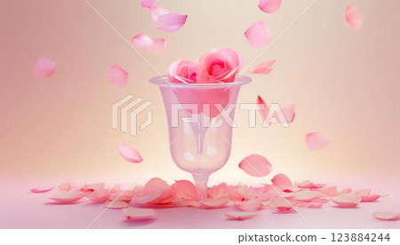 帶有落花瓣的月亮杯(衛生用品)的 3D 插圖 帶有落花瓣的月亮杯(衛生用品)的 3D 插圖 123884244