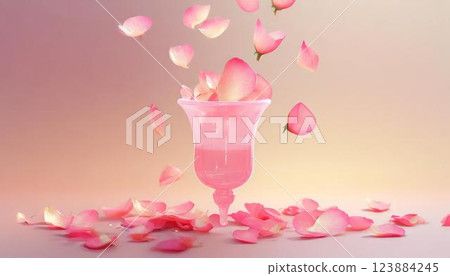 帶有落花瓣的月亮杯（衛生用品）的 3D 插圖 123884245