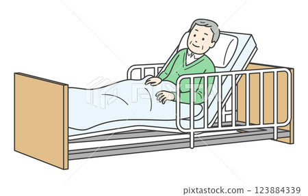 Illustration of an elderly man lying in bed and a nursing care bed 123884339
