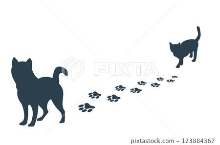 Silhouette of a dog and cat walking and leaving footprints Silhouette of a dog and cat walking and leaving footprints 123884367