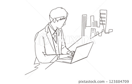 一位商人用筆記型電腦繪製的時尚線條插圖 123884709