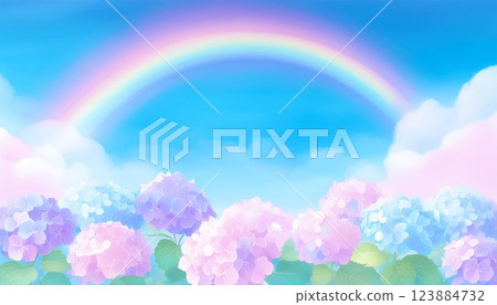 雨後彩虹和繡球花的風景畫 雨後彩虹和繡球花的風景畫 123884732