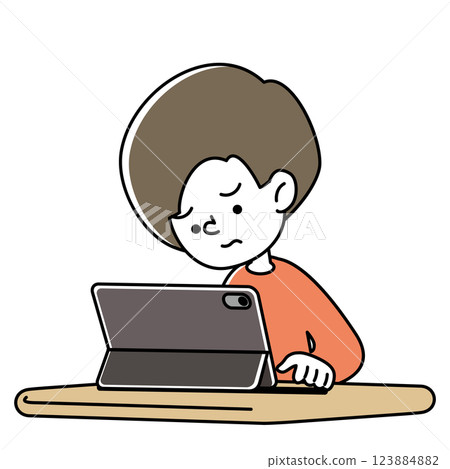一位正在努力學習平板電腦的孩子的向量插圖 123884882