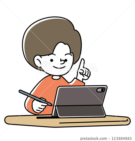 用平板裝置和觸控筆學習的微笑兒童的向量插圖 123884883